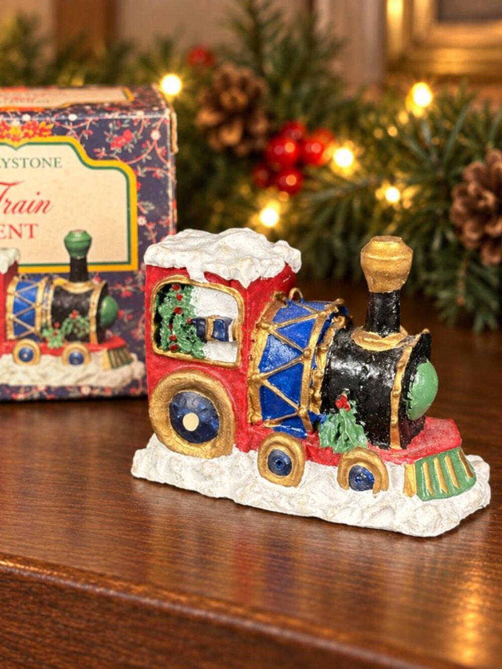 Vintage Giftco Polystone Train Christmas Ornament Original Box Holiday Decor